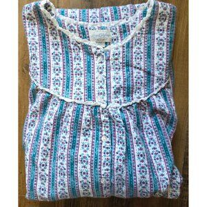 Vtg Lanz Of Salzburg Flannel Nightgown 3X White Floral Stripe Lace Trim Granny C